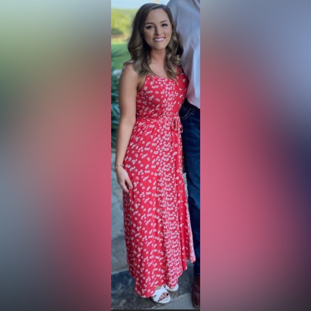 Pink/reddish floral dress with asymmetrical flower pattern